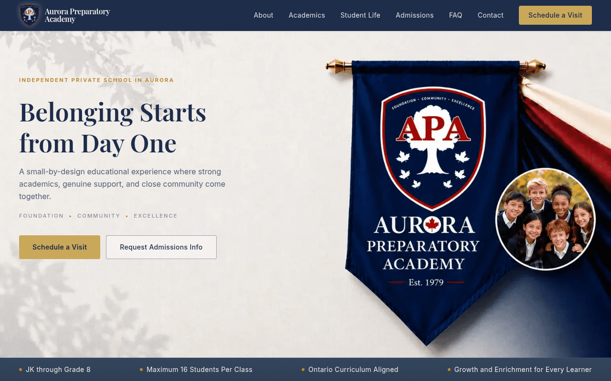 Aurora Preparatory Academy — private school website built by CustomBizSite