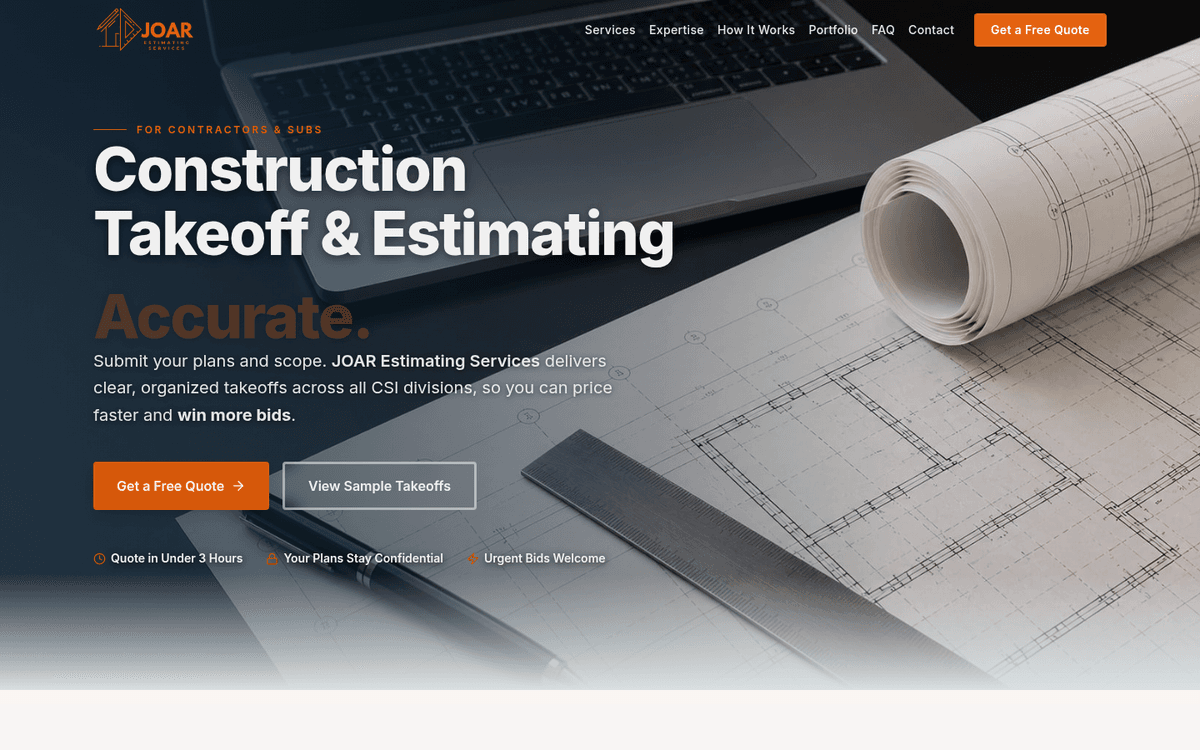 JOAR Estimating Services — construction takeoff and estimating website built by CustomBizSite