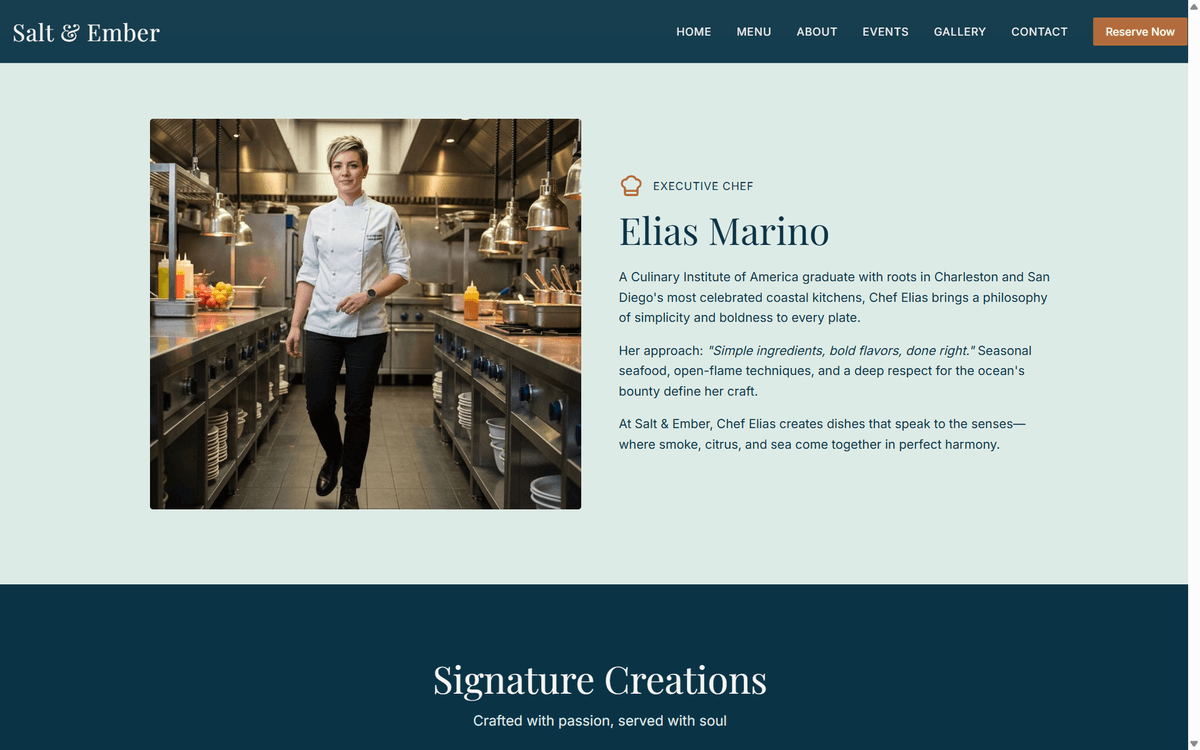 Chef story and brand identity page — Elias Marino