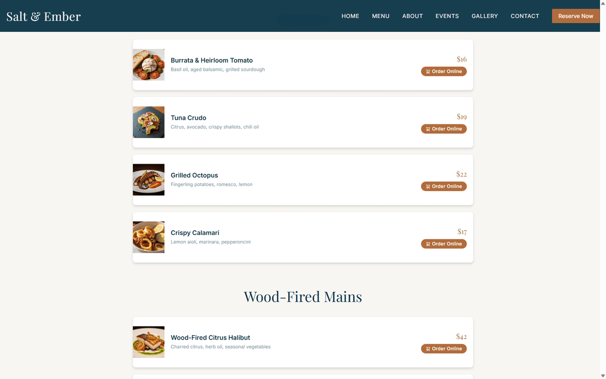 Restaurant menu website with pricing and Order Online